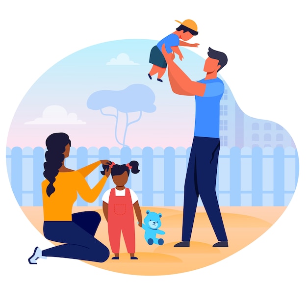 Young Interracial Family Flat Vector Illustration.