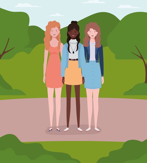 Vector young interracial girls group in the field