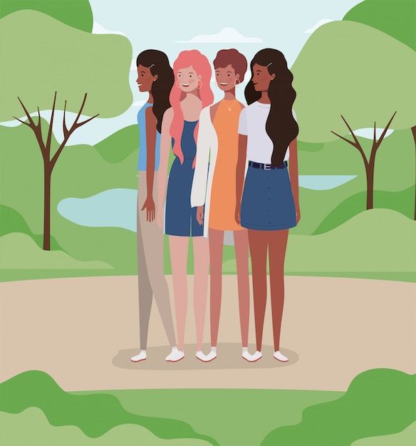 Vector young interracial girls group in the field