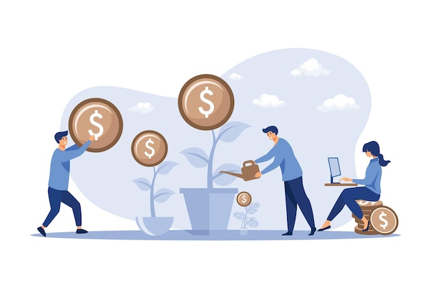 Vector young investors working for profit dividend or revenue flat vector illustration