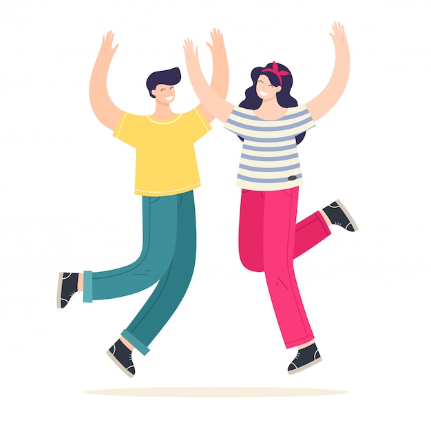 Young and joyful girl and guy in a jump. illustration in cartoon flat style.