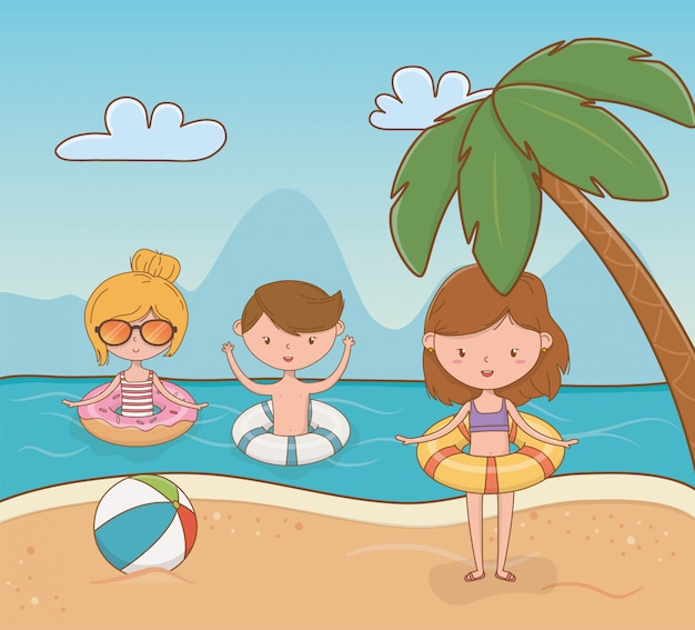 Vector young kids on the beach scene