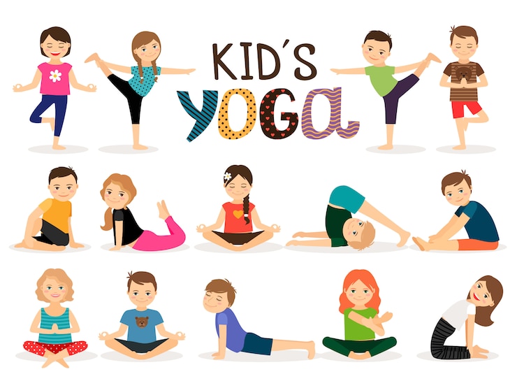 Vector young kids in different yoga poses 