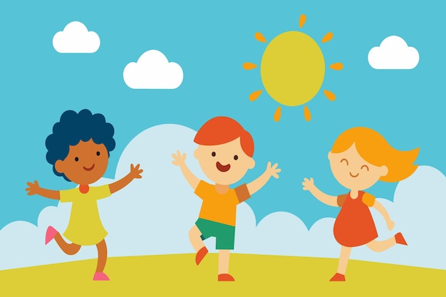 Vector young kids running jumping and laughing in an open grassy area under the bright sun