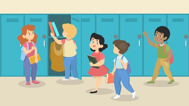 Vector young kids in school hall in front of the lockers. students with bags and books going to the class and talk to each other. education and knowledge.  illustration .