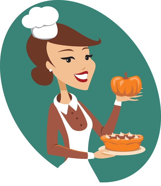 Vector young lady holding freshly baked homemade pumpkin pie