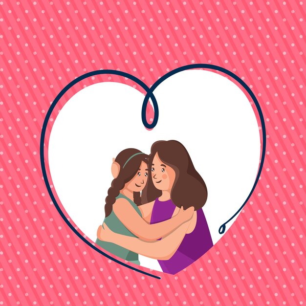 파스텔 레드 점선 패턴 배경에 흰색 심장 모양 위에 그녀의 딸을 포옹 하는 젊은 아가씨