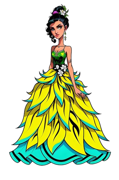 Young lady princess with black hair and yellow green dress