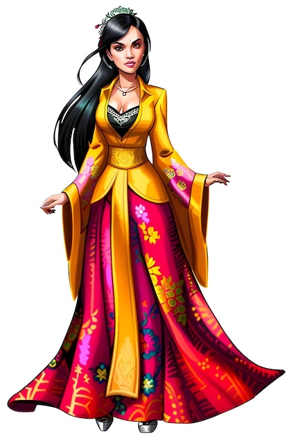 Young lady princess with black hair and yellow red dress