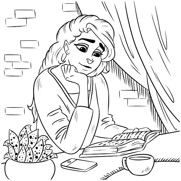 Young lady reading a book outline coloring vector illustration