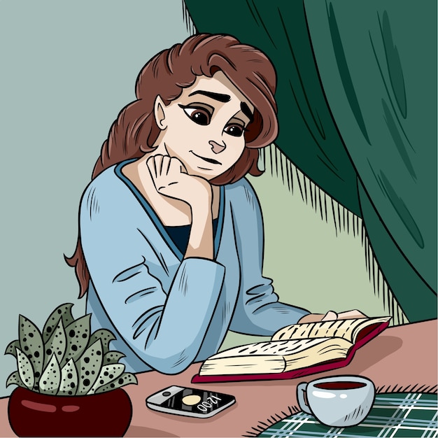 young lady reading a book vector illustration