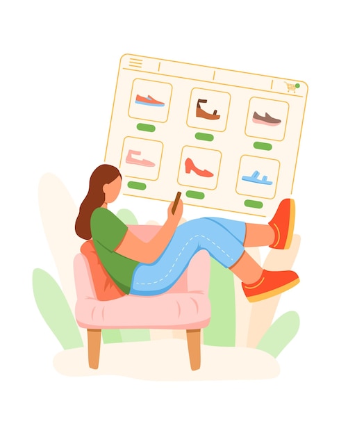 Young lady sitting in chair and choosing shoes in online store cartoon character buying things on seasonal sales at online stores big sales and discounts shopping over internet vector