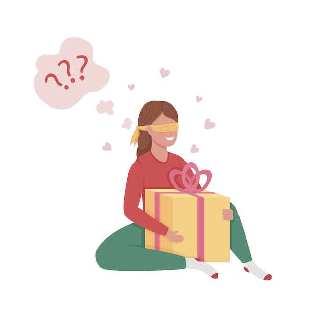 Young lady trying to guess gift box content semi flat color vector character