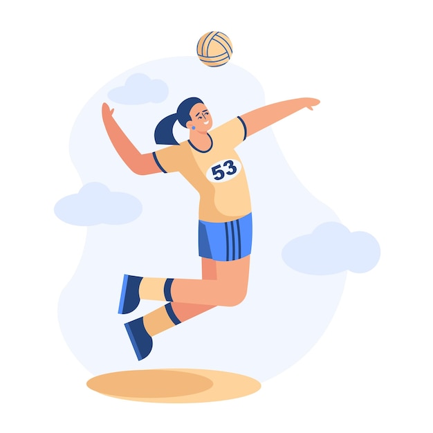 Vector young lady in uniform jumping and playing volleyball