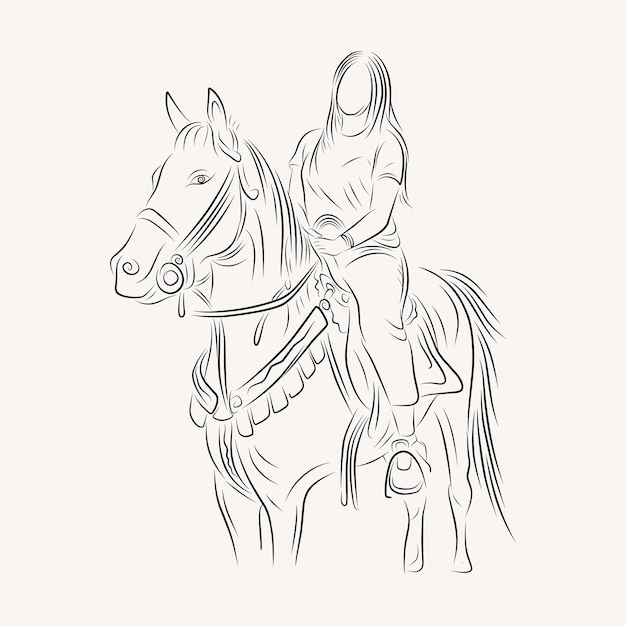 young lady wearing helmet or rider riding a horse line art illustration