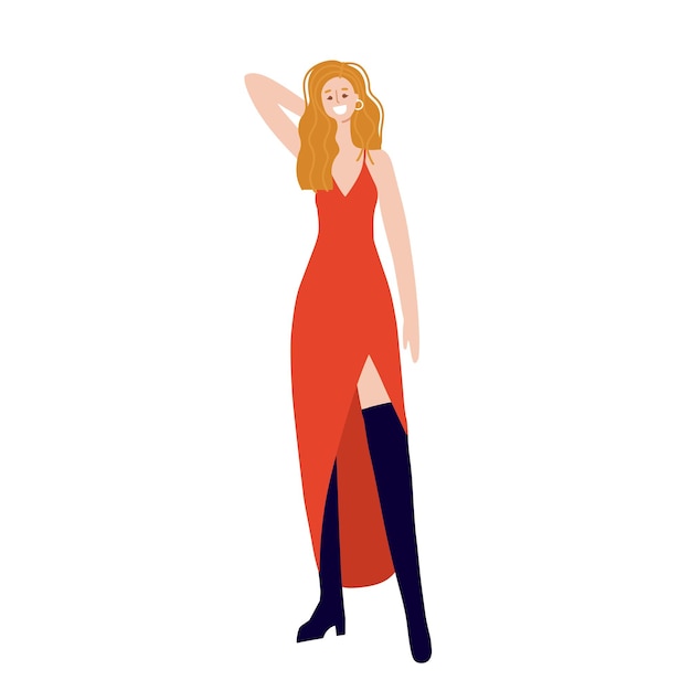 Vector young lady wearing a red slit dress on a white background gorgeous woman flat vector illustration