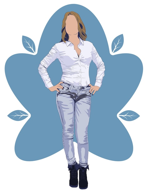 Vector a young lady wearing white shirt and jeans