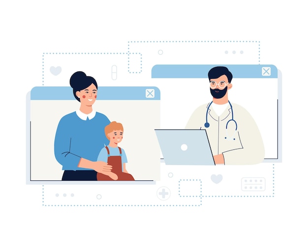 Young lady with son talking online with therapist via tablet Modern online healthcare services Process of giving remote consultations to patients Vector flat illustration in blue colors