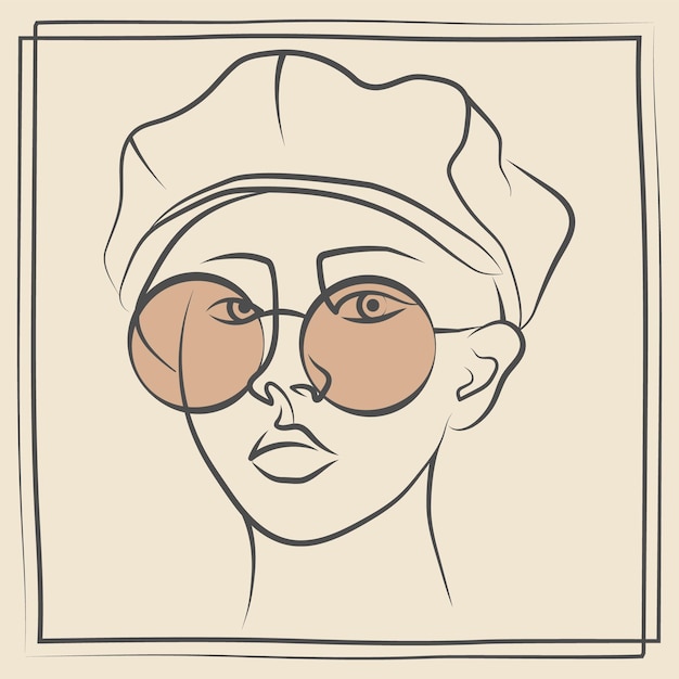 Young linear woman in hat line drawing illustration