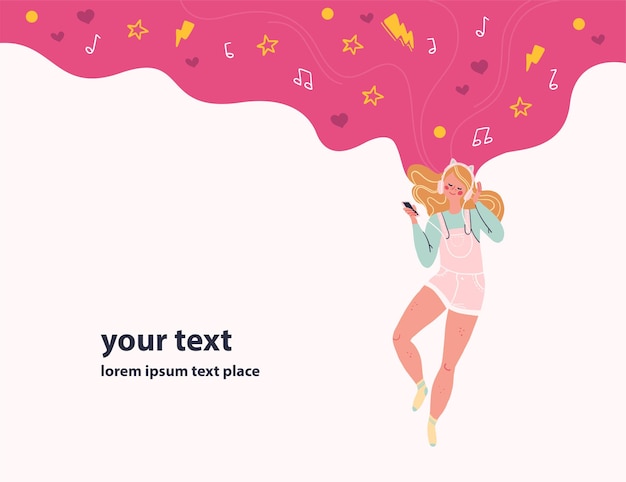 Vector young long haired blond girl dancing in headphones girl listen to music vector flat illustration