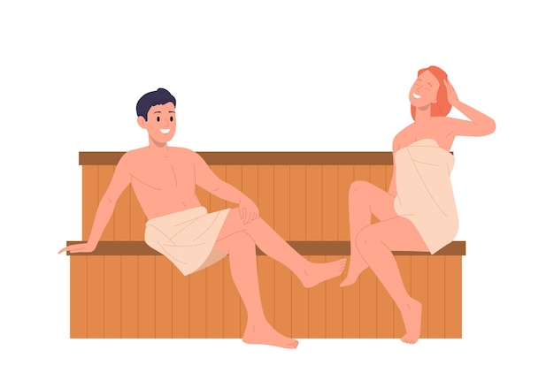 젊은 사랑하는 커플 만화 캐릭터가 건조한 사우나 또는 욕조에서 증기를 피우는 동안 좋은 대화를 나누고 있습니다.