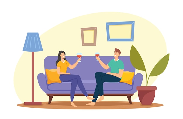 Young Loving Couple Characters Spend Time at Home Sitting on Couch Together Chatting, Drinking Wine on Weekend Evening. Love, Flirting Sparetime, Lovers Meeting. Cartoon People Vector Illustration