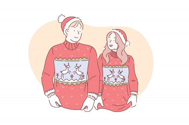 A young loving couple in christmas sweaters