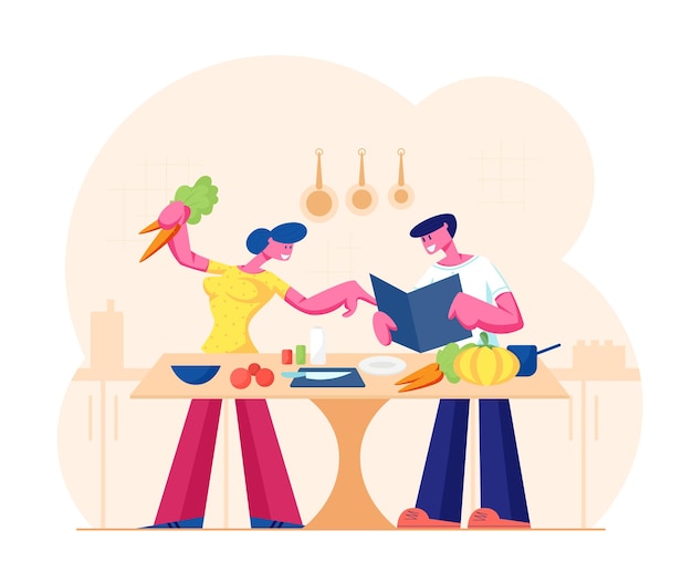 Vector young loving couple cooking together on kitchen. family prepare dinner with fresh products on table. cartoon flat illustration