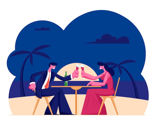 Vector young loving couple enjoying sunset having dinner at exotic tropical resort with palms on seaside. cartoon flat illustration