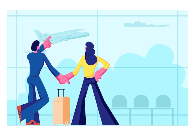 Vector young loving couple going for leisure. man and woman stand in airport terminal waiting flight watching flying airplane through window. summer time vacation, honeymoon. cartoon flat vector illustration