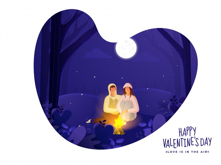 Vector 행복 한 발렌타인의 날 축하에 대 한 종이 잘라 심장 모양의 자연 밤 장면 배경에 모닥불 앞에 앉아 젊은 사랑하는 부부.