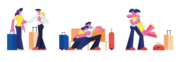 Молодая влюбленная пара путешествия набор. мужчина и женщина с багажом ожидания посадки в аэропорту, сидя в терминале. парень встречает подругу с багажом. супруга поездка мультфильм плоский векторные иллюстрации
