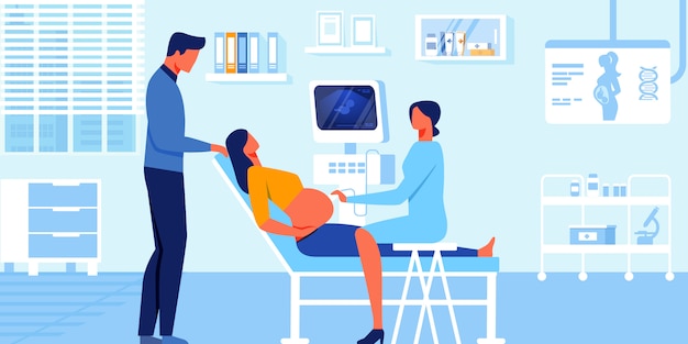 Vector young loving couple visiting ultrasound cabinet