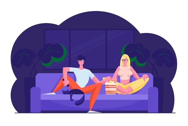 young loving couple watch movie at home with popcorn