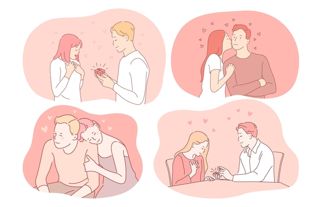 Young loving happy couple cartoon characters feeling love
