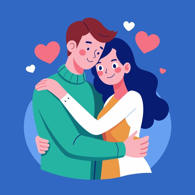 Vector young loving smiling couple boy and girl standing hugging embracing each other feeling in love