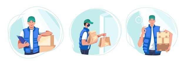 Young male cartoon character delivering parcels to door on time