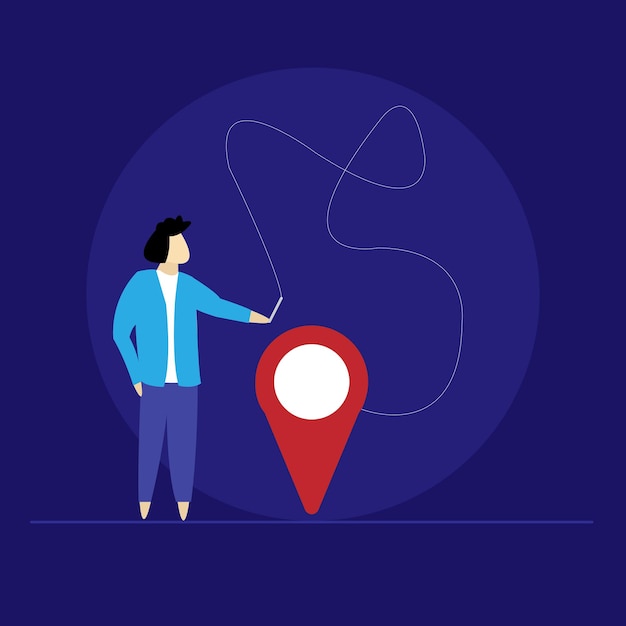 Young male character holding phone and using a navigational app illustration location finder vector