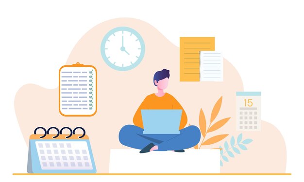 young male character is planning his day in laptop applications concept of scheduling appointments