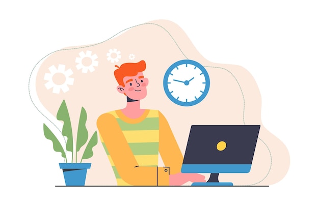 young male character is working as a freelance designer cheerful redhead man is working on computer