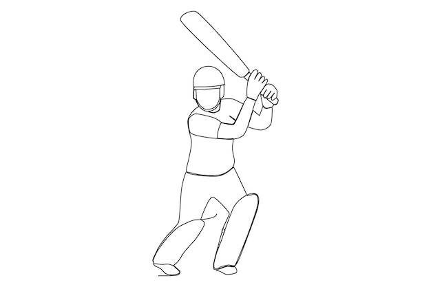 A young male cricket player hitting a ball one line art