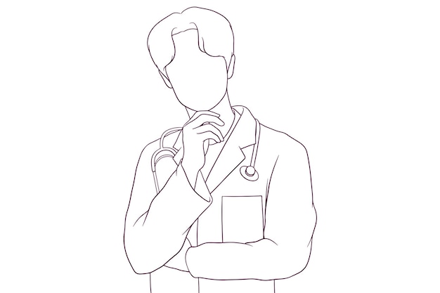 A young male doctor thinking deeply in a hand drawn vector illustration