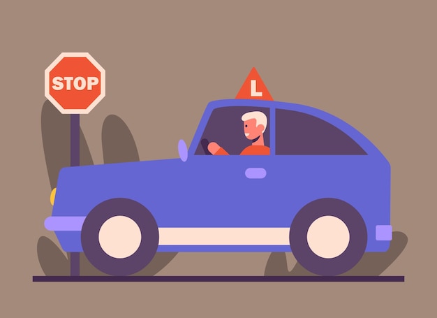 Giovane maschio che guida un parcheggio vicino al cartello di stop passando il concetto di test di guida