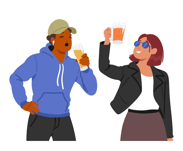 Vector young male and female characters enjoy beer clinking glasses people drinking popular beverage worldwide enjoyed during social gatherings meals or simply to unwind cartoon vector illustration