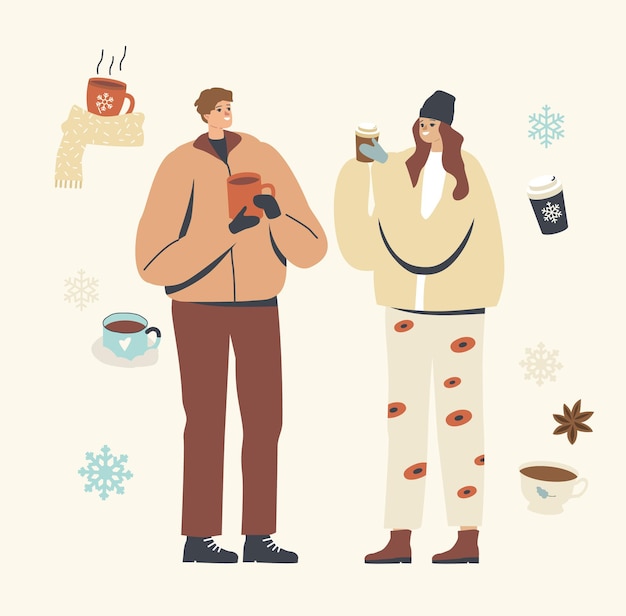 Vector young male and female characters in warm clothes enjoying winter coffee outdoors