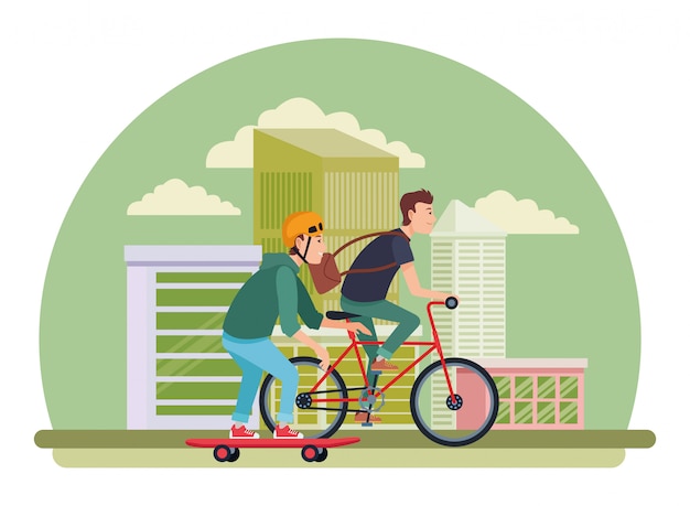 Vector young male friends with bike and skateboard