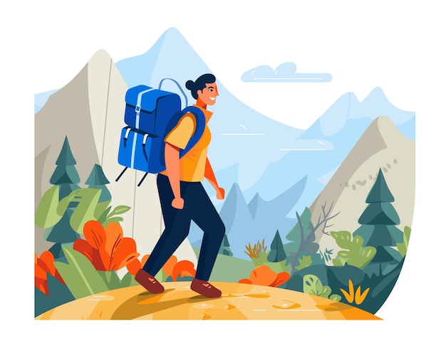 Vector young male hiker trekking mountainous area vibrant nature scene man large backpack hiking solo