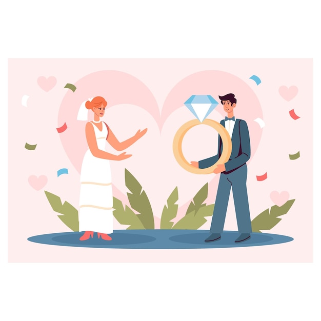 Vector young male holding big ring and giving to beautiful bride