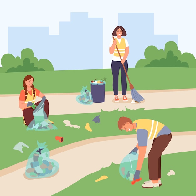 Young male and ladies cleaning park zone help and care of environment