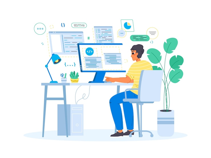 Vector young male programmer geek character develop database or software teenager developer freelancer programming on computer snugly vector man illustration of character work